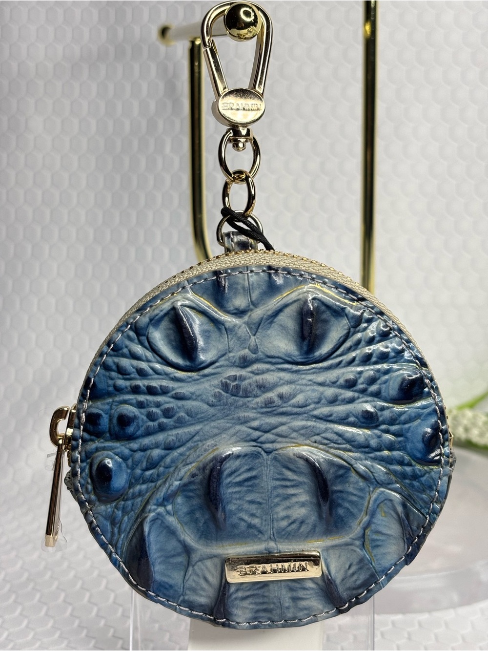 Brahmin Blue Round Croc-Embossed Coin Case Keychain